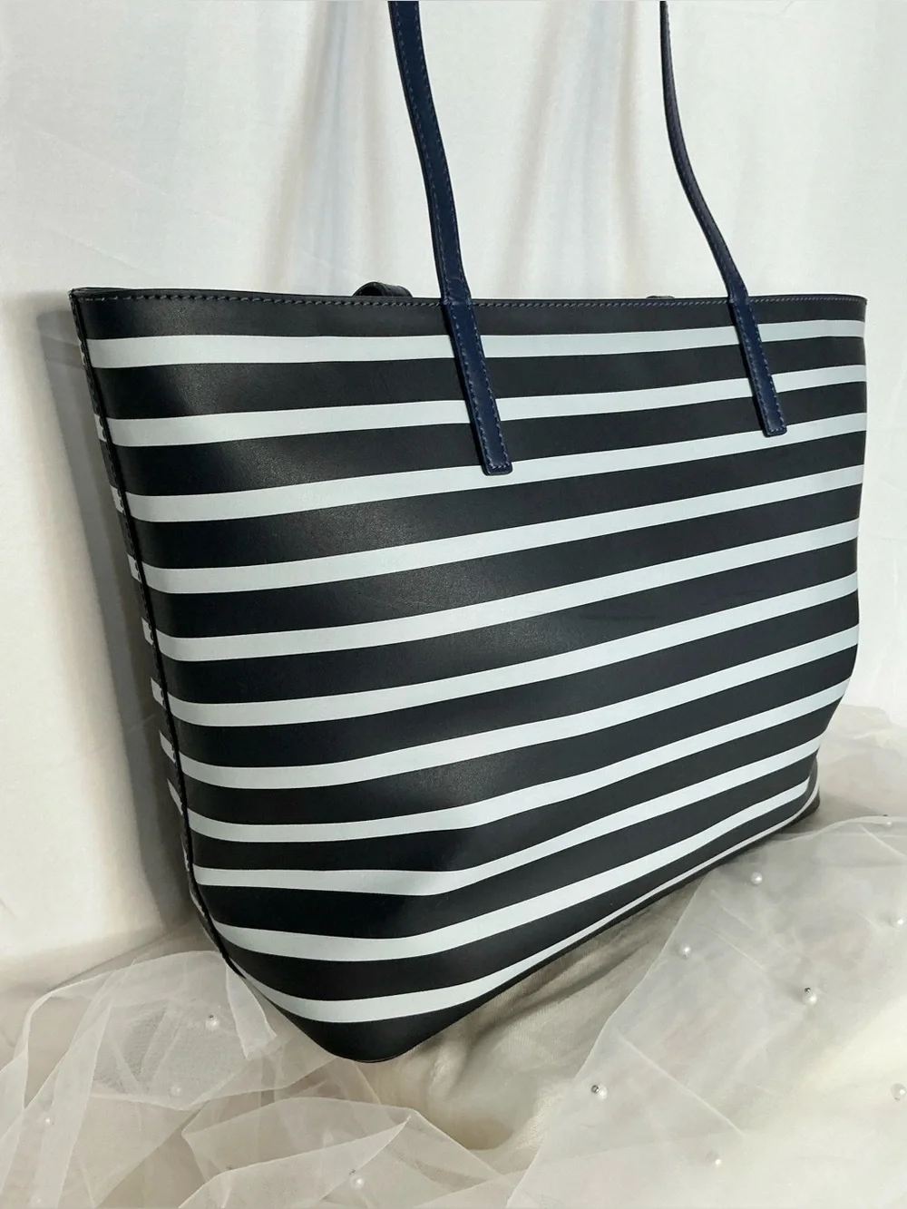 Kate Spade Navy White Stripe Leather Tote Shoulder Bag Large - Picture 3 of 11